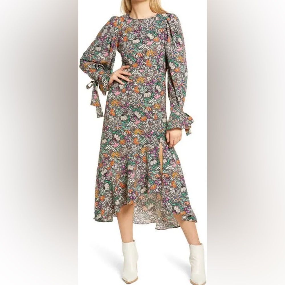 NWOT TOPSHOP Long Sleeve Dress Black Floral Paisley Mid-Maxi Length